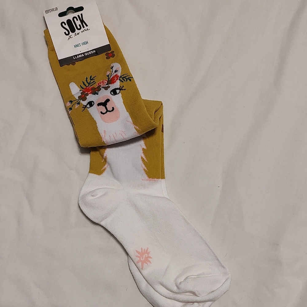 Mustard Llama Crew Socks with Floral Crown